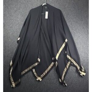 Ann Taylor Ruana Wrap Poncho Womens O/S Black Gold Metallic Fringe Border NWT